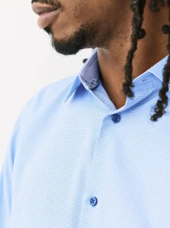 Blue Regular Fit 100% Cotton Textured Long Sleeve Formal Shirt with Trim