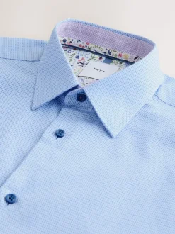 Blue Regular Fit 100% Cotton Textured Long Sleeve Formal Shirt with Trim