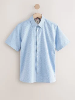 Blue Regular Fit Regular Fit Cotton Rich Trimmed Textured Short Sleeve Smart Shirt