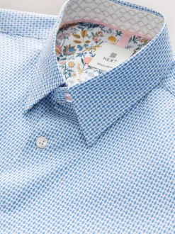 Blue Regular Fit Regular Fit Cotton Rich Trimmed Textured Short Sleeve Smart Shirt