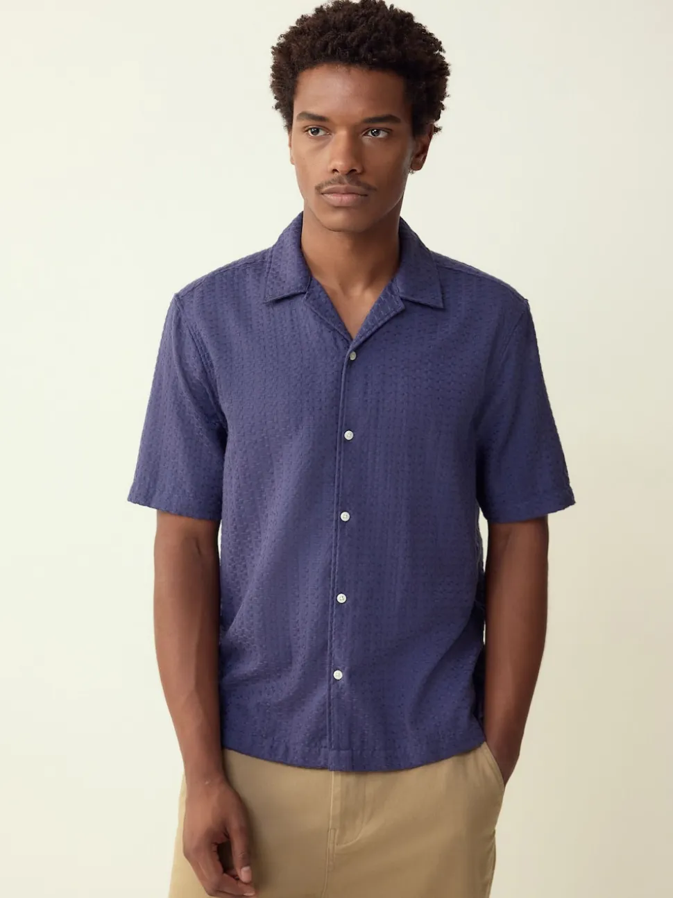 Blue Regular Fit Textured Waffle Short Sleeve Shirt