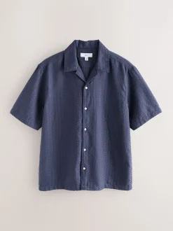 Blue Regular Fit Textured Waffle Short Sleeve Shirt