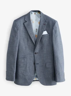 Blue Regular Fit Trimmed Textured Suit Jacket