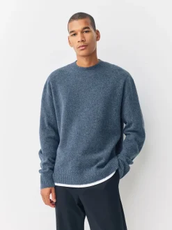 Blue Relaxed Fit Cosy Crew Neck Jumper with Wool