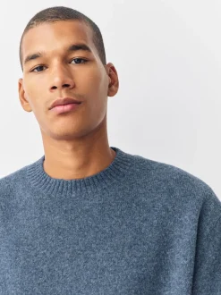 Blue Relaxed Fit Cosy Crew Neck Jumper with Wool