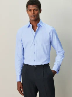 Blue Slim Fit 100% Cotton Textured Long Sleeve Formal Shirt with Trim