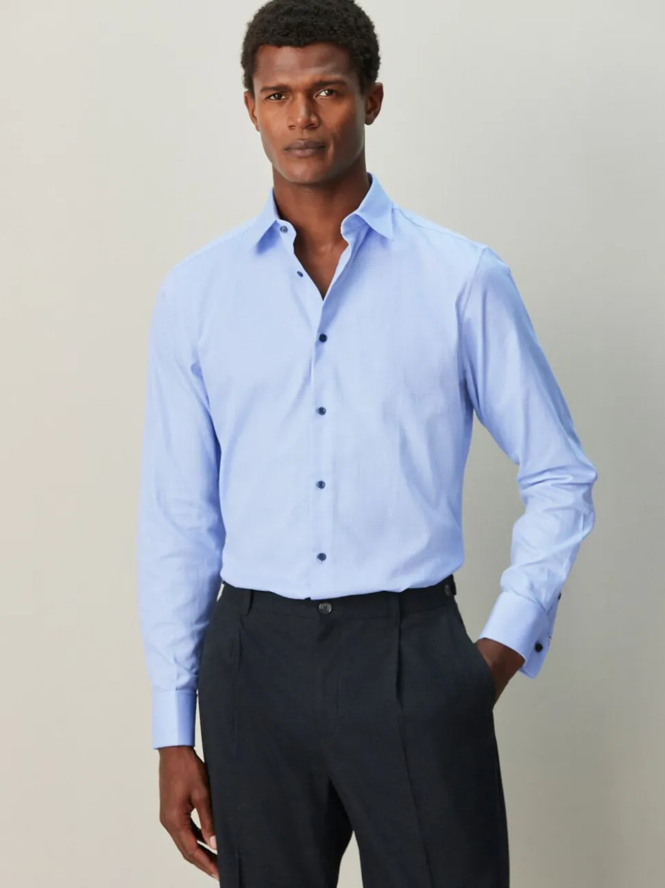 Blue Slim Fit 100% Cotton Textured Long Sleeve Formal Shirt with Trim