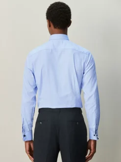 Blue Slim Fit 100% Cotton Textured Long Sleeve Formal Shirt with Trim