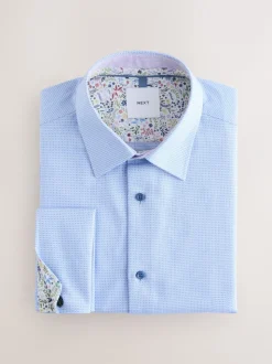 Blue Slim Fit 100% Cotton Textured Long Sleeve Formal Shirt with Trim