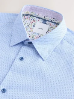 Blue Slim Fit 100% Cotton Textured Long Sleeve Formal Shirt with Trim
