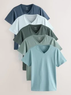Blue Slim Fit 100% Cotton V-Neck Layering T-Shirts 5 Pack