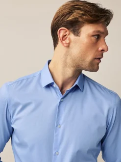 Blue Slim Fit Double Cuff Easy Care Textured Smart Shirt