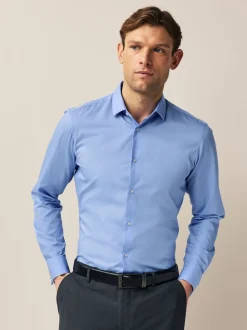 Blue Slim Fit Double Cuff Easy Care Textured Smart Shirt