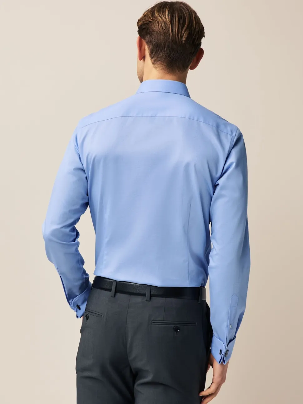 Blue Slim Fit Double Cuff Easy Care Textured Smart Shirt