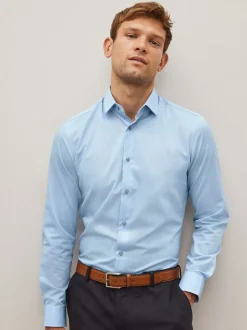 Blue Slim Fit Easy Care Textured Single Cuff Smart Shirt