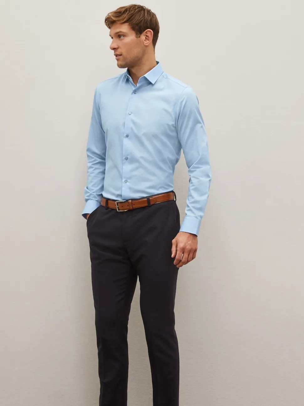 Blue Slim Fit Easy Care Textured Single Cuff Smart Shirt