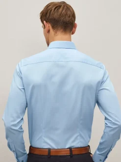Blue Slim Fit Easy Care Textured Single Cuff Smart Shirt