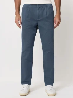 Blue Slim Fit Pleated Stretch Chinos Trousers With Elasticated Waist