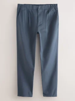 Blue Slim Fit Pleated Stretch Chinos Trousers With Elasticated Waist
