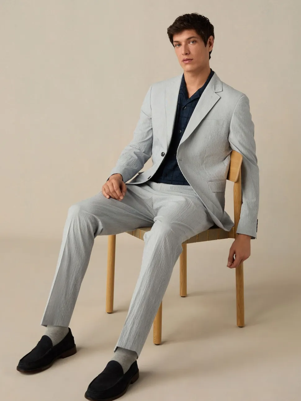 Blue Slim Fit Seersucker Stripe Suit Jacket