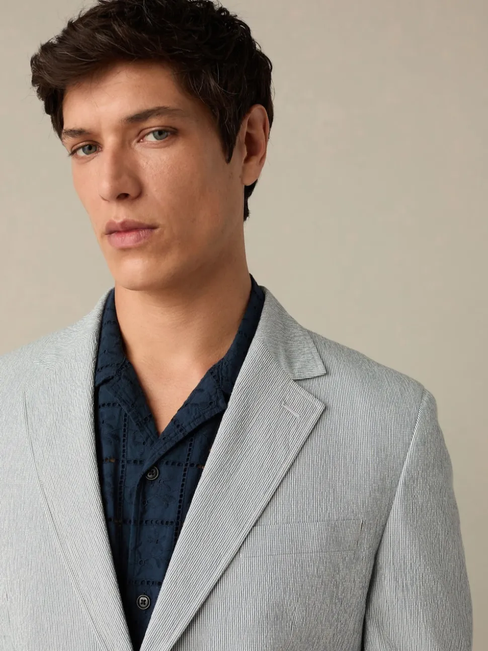 Blue Slim Fit Seersucker Stripe Suit Jacket