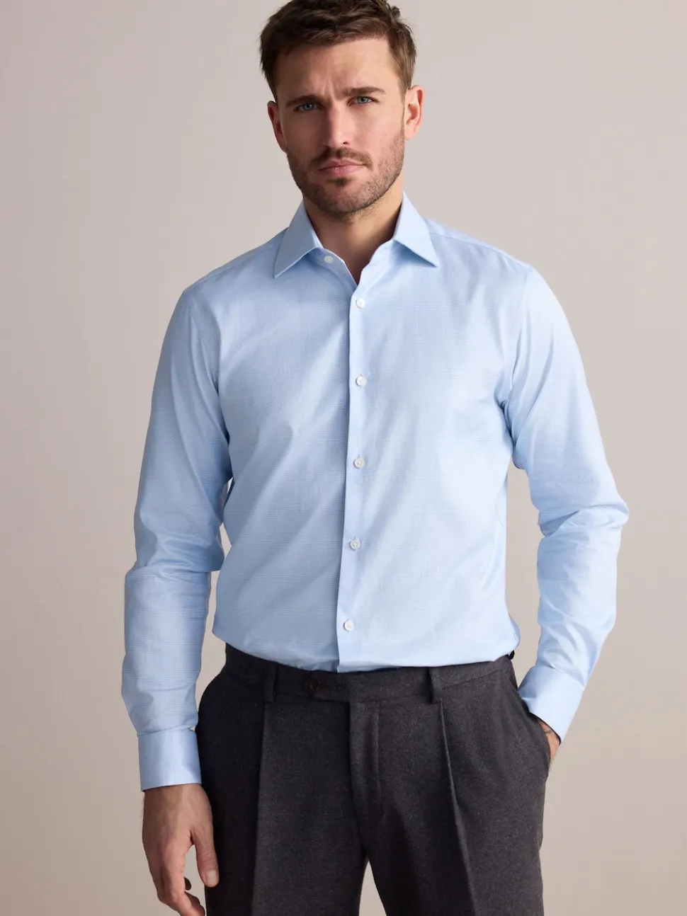 Blue Slim Fit Signature 100% Cotton with Textured Smart Shirt