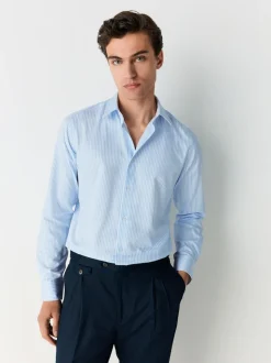 Blue Slim Fit Stripe Easy care Textured Trimmed Shirt