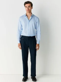Blue Slim Fit Stripe Easy care Textured Trimmed Shirt
