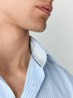 Blue Slim Fit Stripe Easy care Textured Trimmed Shirt