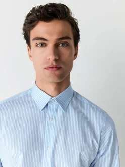 Blue Slim Fit Stripe Easy care Textured Trimmed Shirt