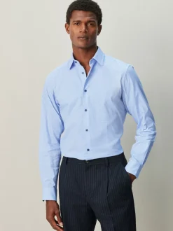 Blue Slim Fit Textured Long Sleeve Formal Shirt with Trim