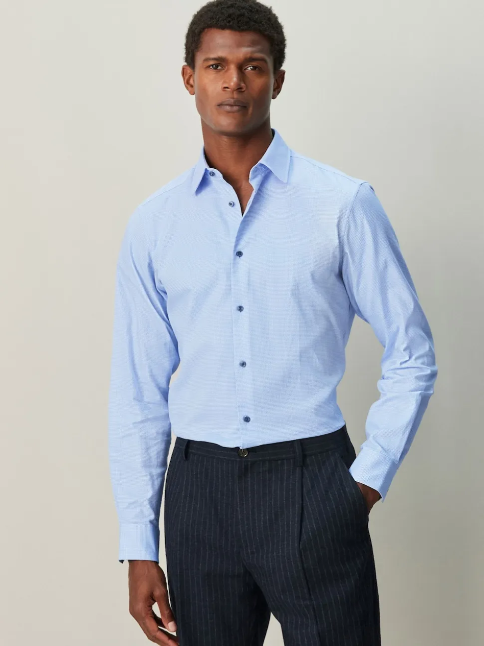 Blue Slim Fit Textured Long Sleeve Formal Shirt with Trim