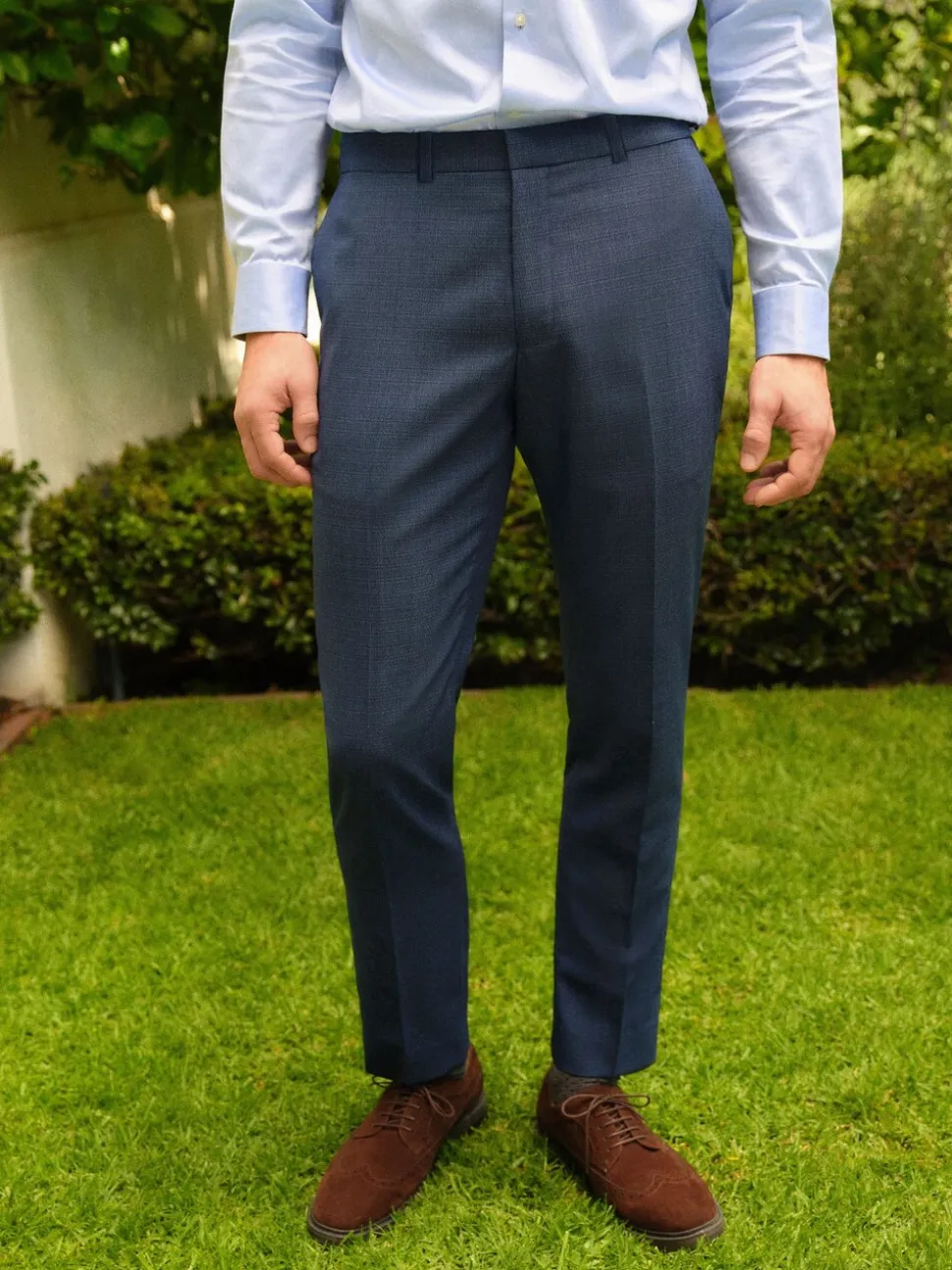 Blue Slim Fit Textured Wool Blend Suit Trousers