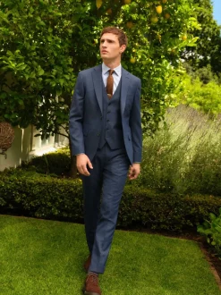 Blue Slim Fit Textured Wool Blend Suit Trousers