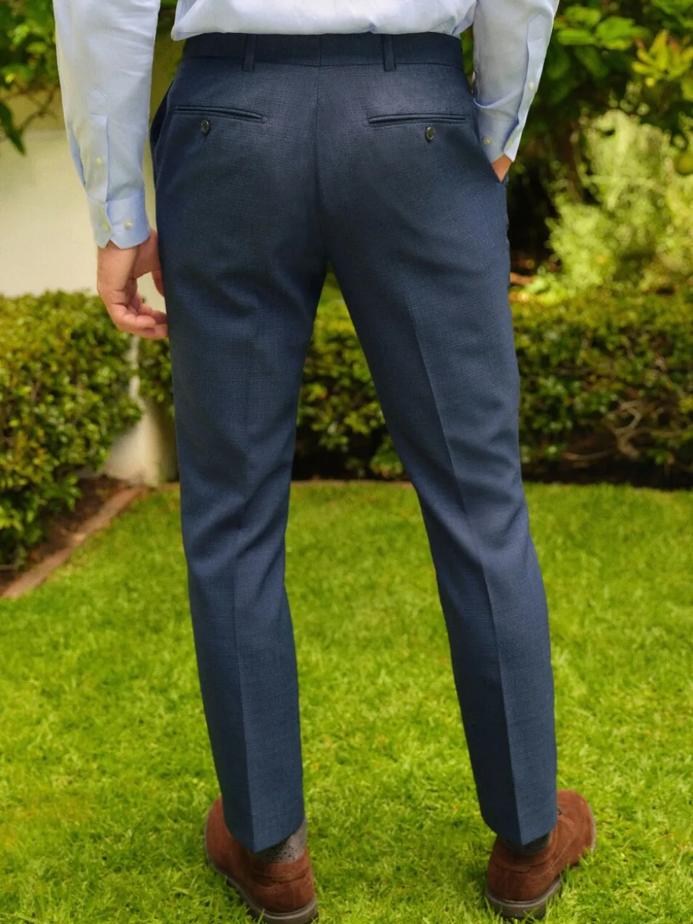 Blue Slim Fit Textured Wool Blend Suit Trousers