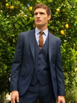 Blue Slim Fit Textured Wool Blend Suit Jacket