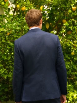 Blue Slim Fit Textured Wool Blend Suit Jacket