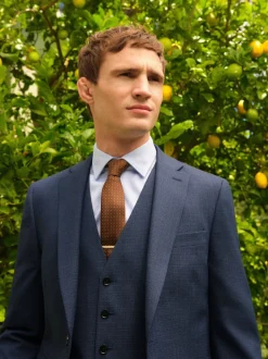 Blue Slim Fit Textured Wool Blend Suit Jacket