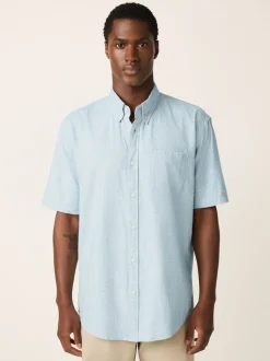 Blue Standard Collar Cotton Linen Blend Short Sleeve Shirt