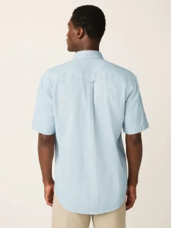 Blue Standard Collar Cotton Linen Blend Short Sleeve Shirt