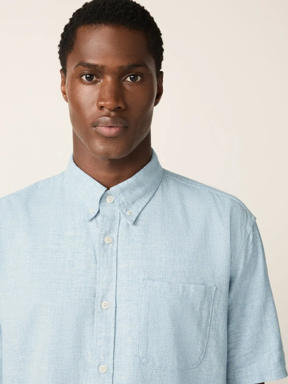 Blue Standard Collar Cotton Linen Blend Short Sleeve Shirt