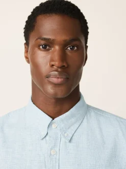 Blue Standard Collar Cotton Linen Blend Short Sleeve Shirt