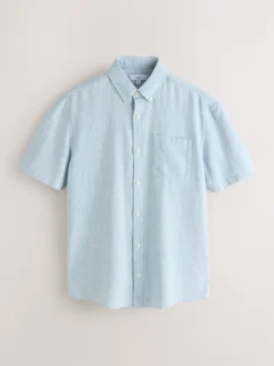 Blue Standard Collar Cotton Linen Blend Short Sleeve Shirt