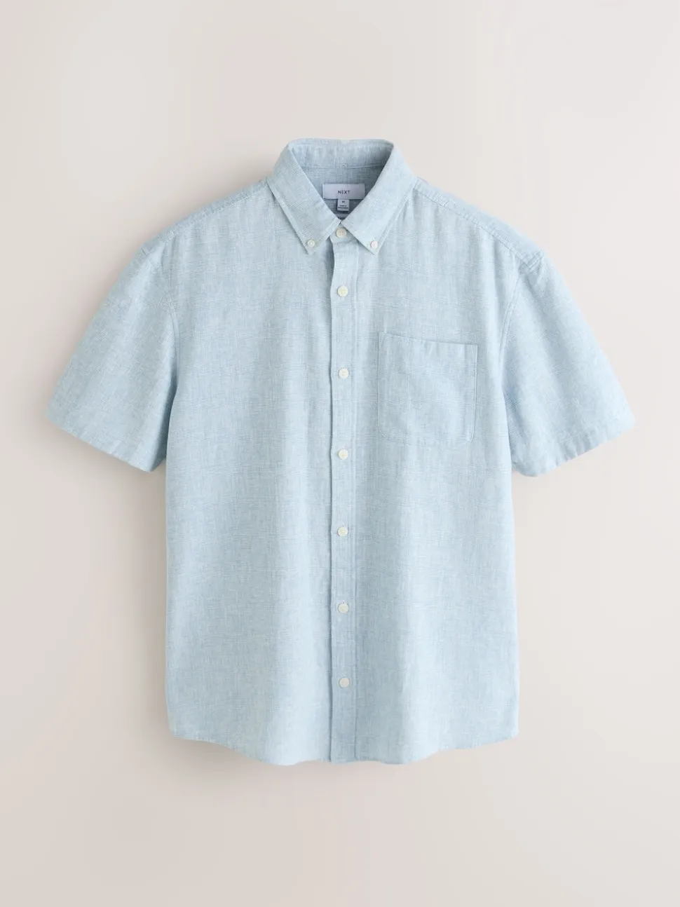 Blue Standard Collar Cotton Linen Blend Short Sleeve Shirt