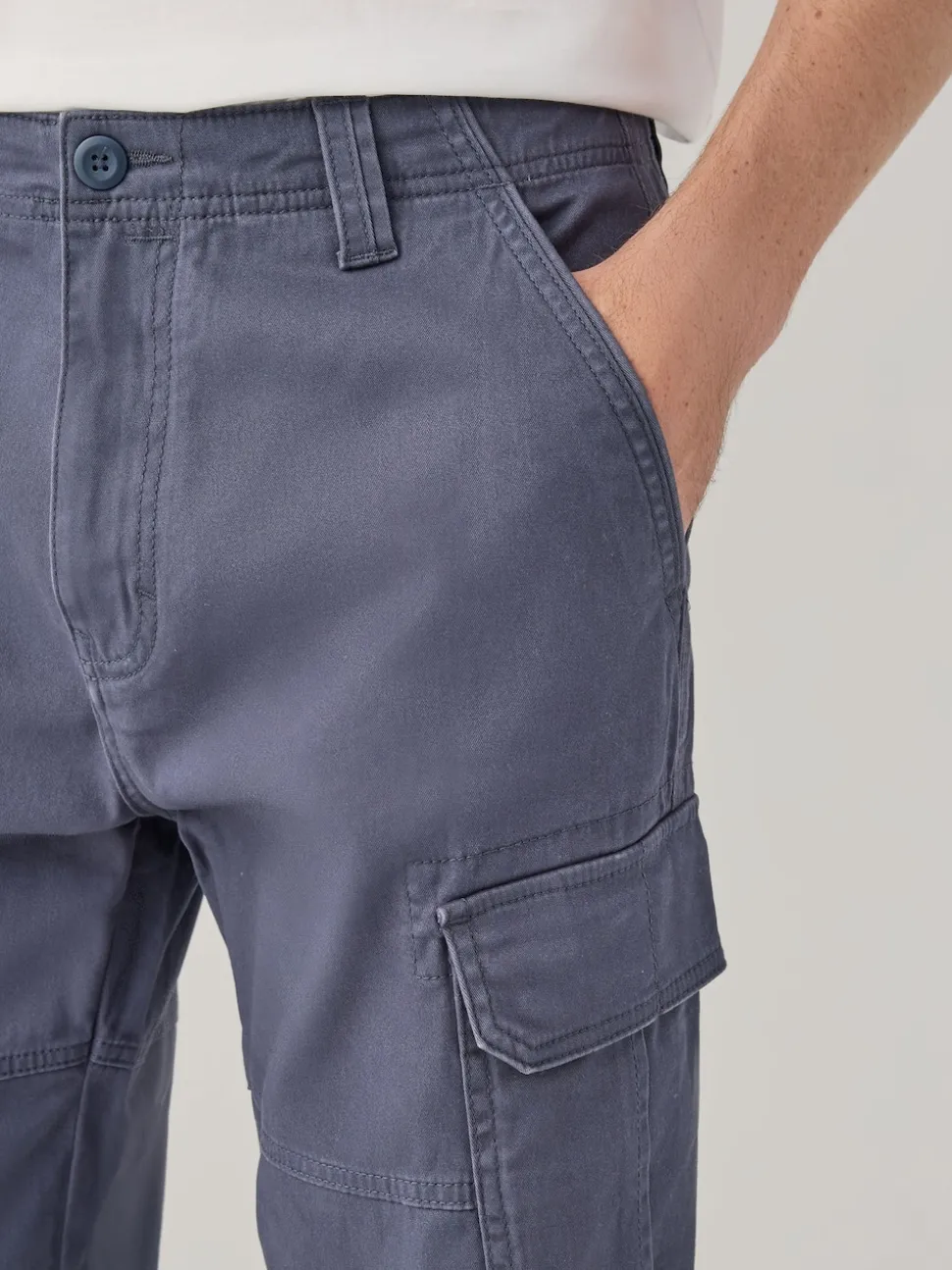 Blue Straight Fit Cotton Stretch Cargo Trousers