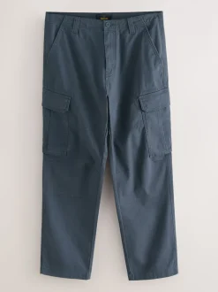 Blue Straight Fit Cotton Stretch Cargo Trousers