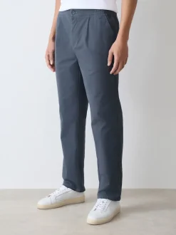 Blue Straight Fit Pleated Stretch Chinos Trousers With Elasticated Waist