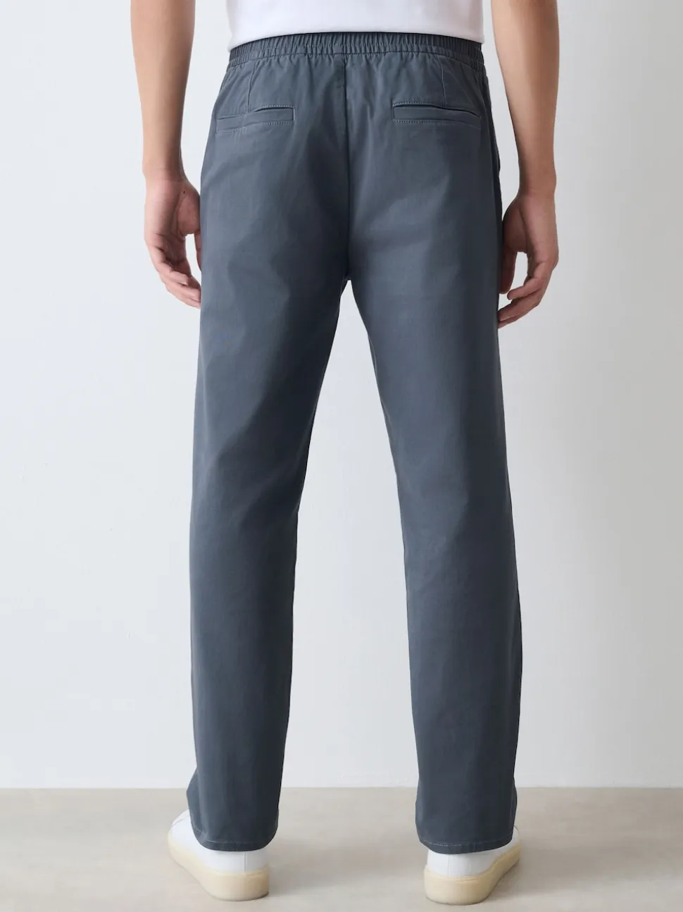 Blue Straight Fit Pleated Stretch Chinos Trousers With Elasticated Waist