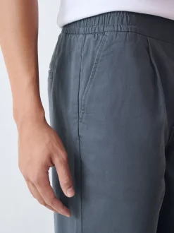 Blue Straight Fit Pleated Stretch Chinos Trousers With Elasticated Waist
