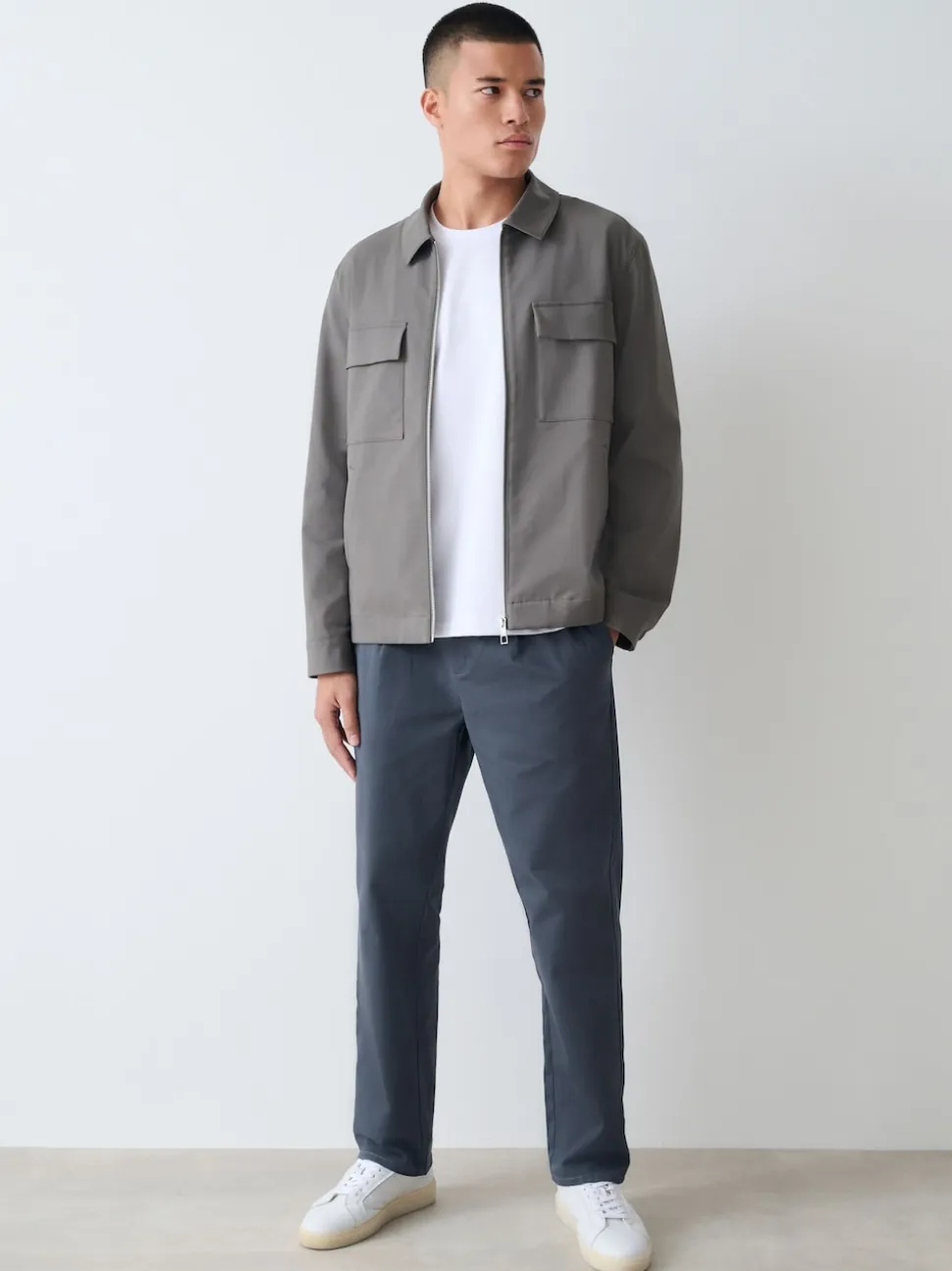 Blue Straight Fit Pleated Stretch Chinos Trousers With Elasticated Waist